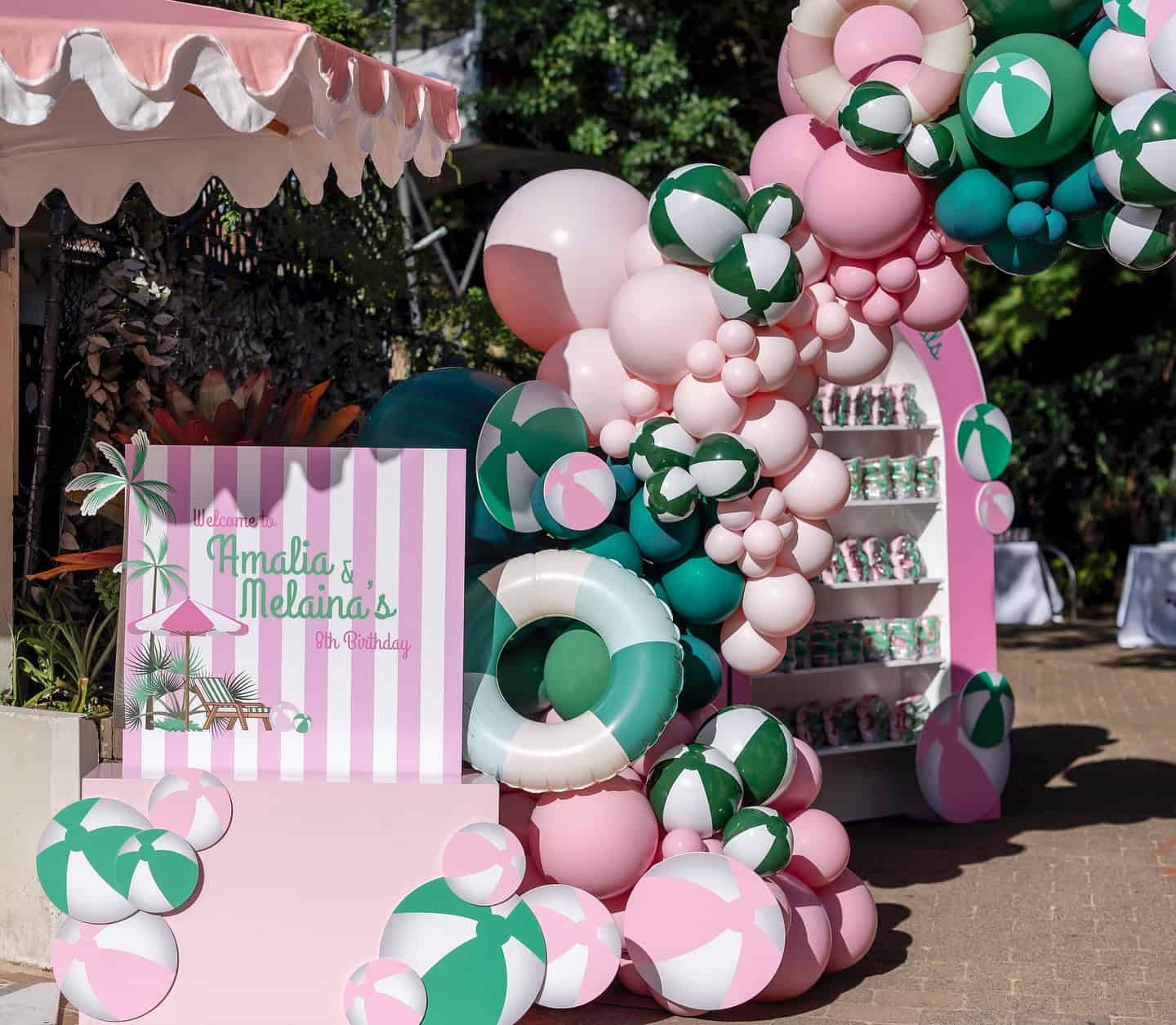 Pink and Green Striped Balloon Garland Pool Party Entrance