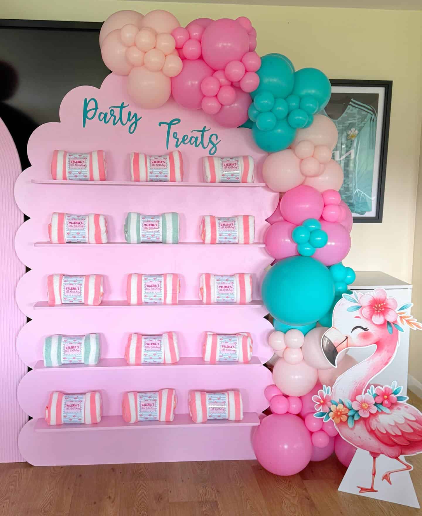 Flamingo Party Treats Shelf with Balloon Garland Display
