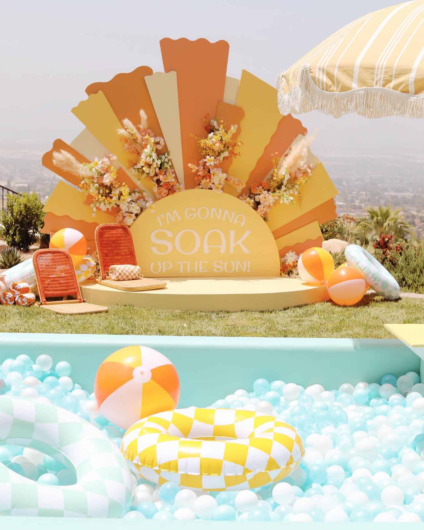 Retro Sunshine Backdrop with Pool Party Decor Setup