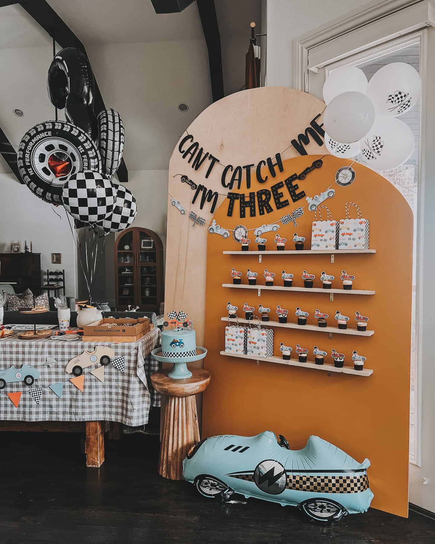 Race Car Birthday Party with Cupcake Display Wall