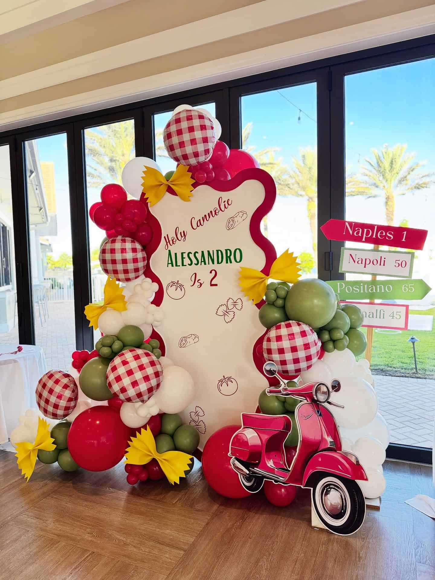 Italian Themed Birthday Backdrop with Vespa Scooter Prop