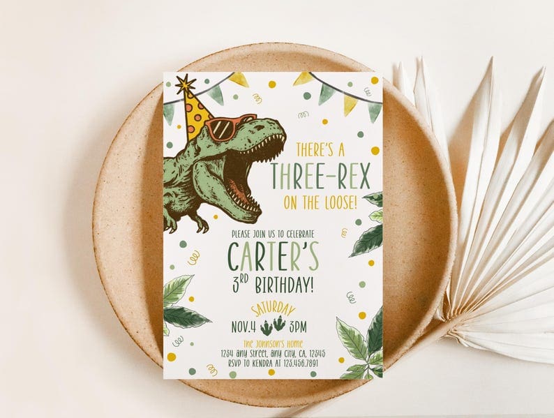 Dinosaur Birthday Invitation with Three-Rex Pun