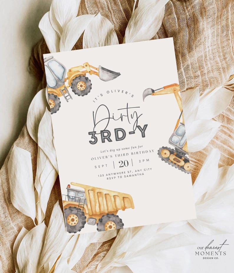 Construction Truck Birthday Invitation with Watercolor Diggers