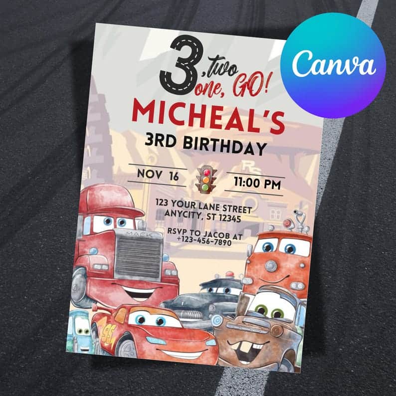Cars Movie Themed Birthday Invitation with Racing Details