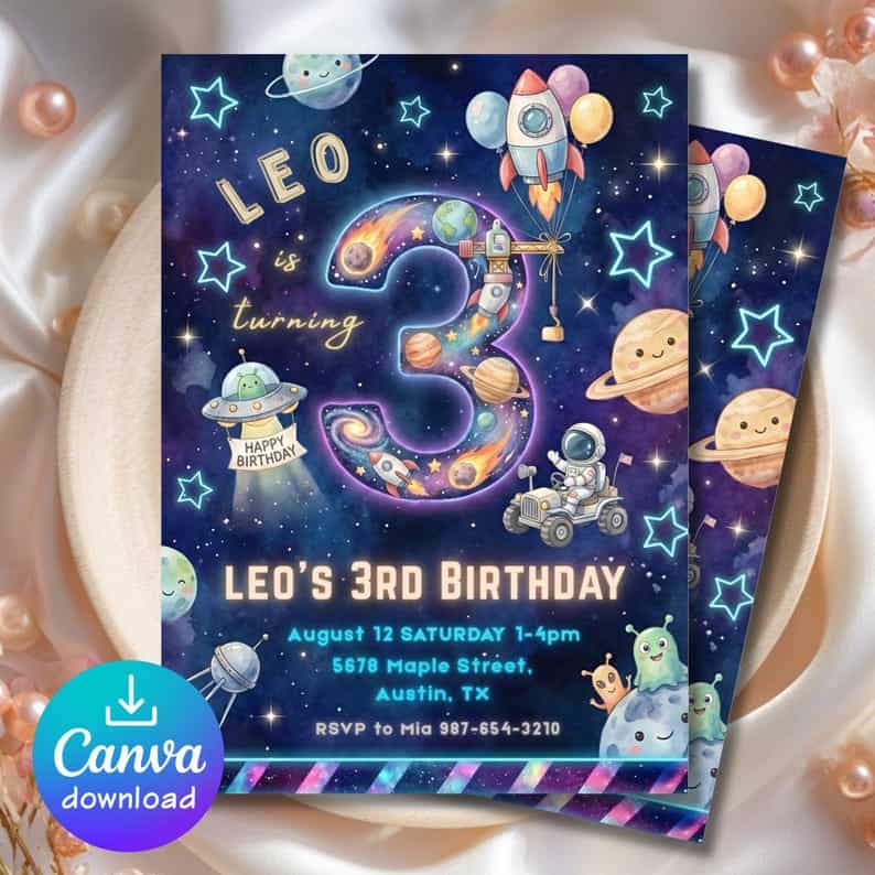 Space Theme Birthday Invitation with Astronaut and Planets