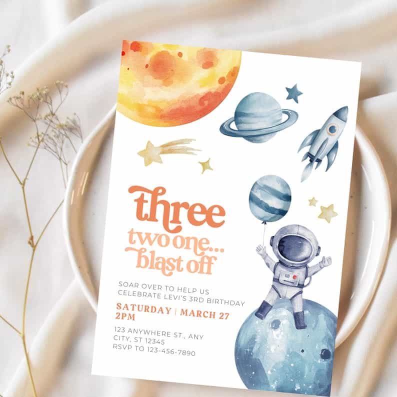 Watercolor Space Themed Birthday Party Invitation