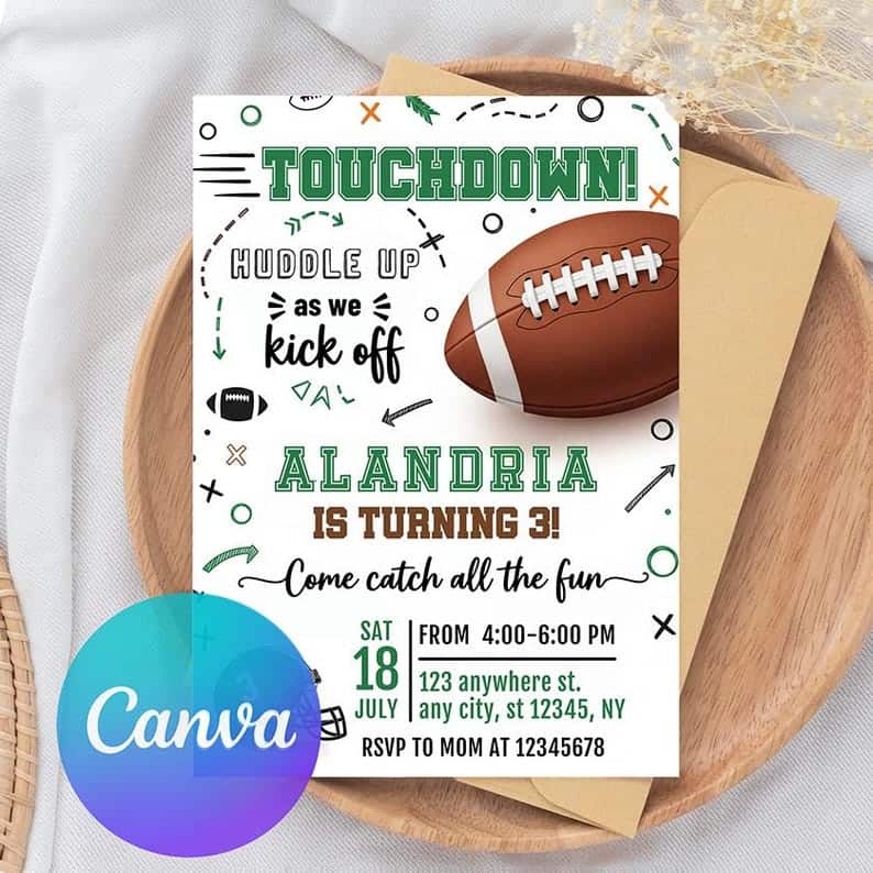 Football Themed Birthday Party Invitation for a 3 Year Old
