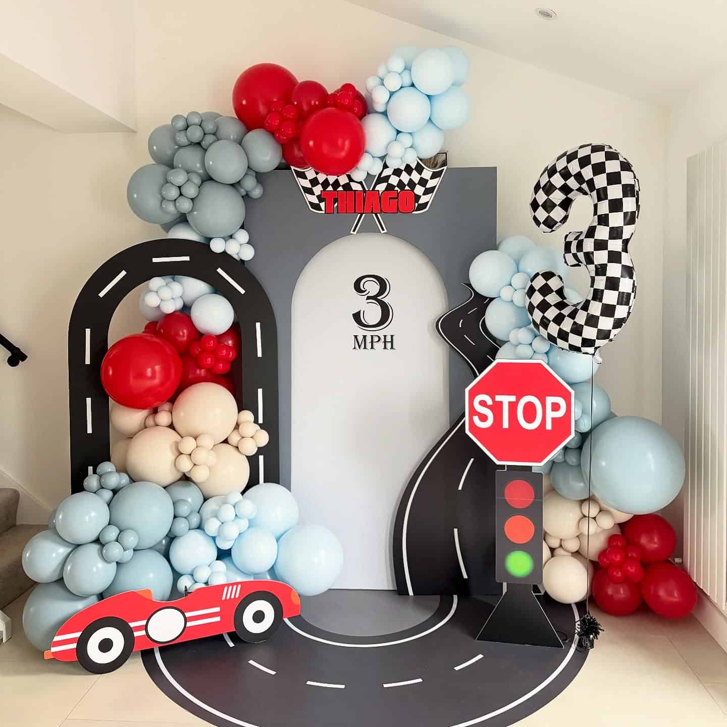 Race Car Birthday Party Setup with Road Track Backdrop