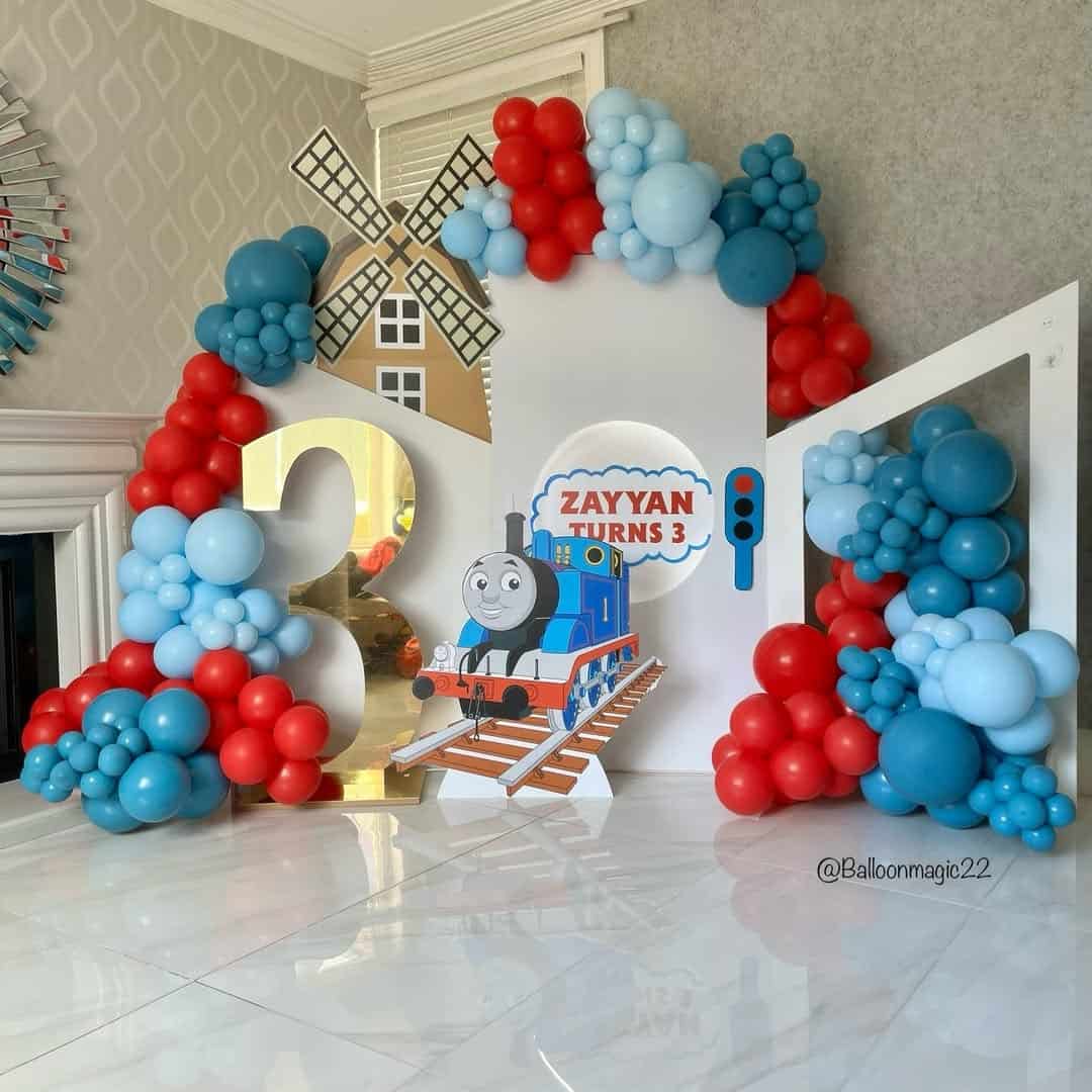 Thomas the Tank Engine Birthday Backdrop with Balloon Garland