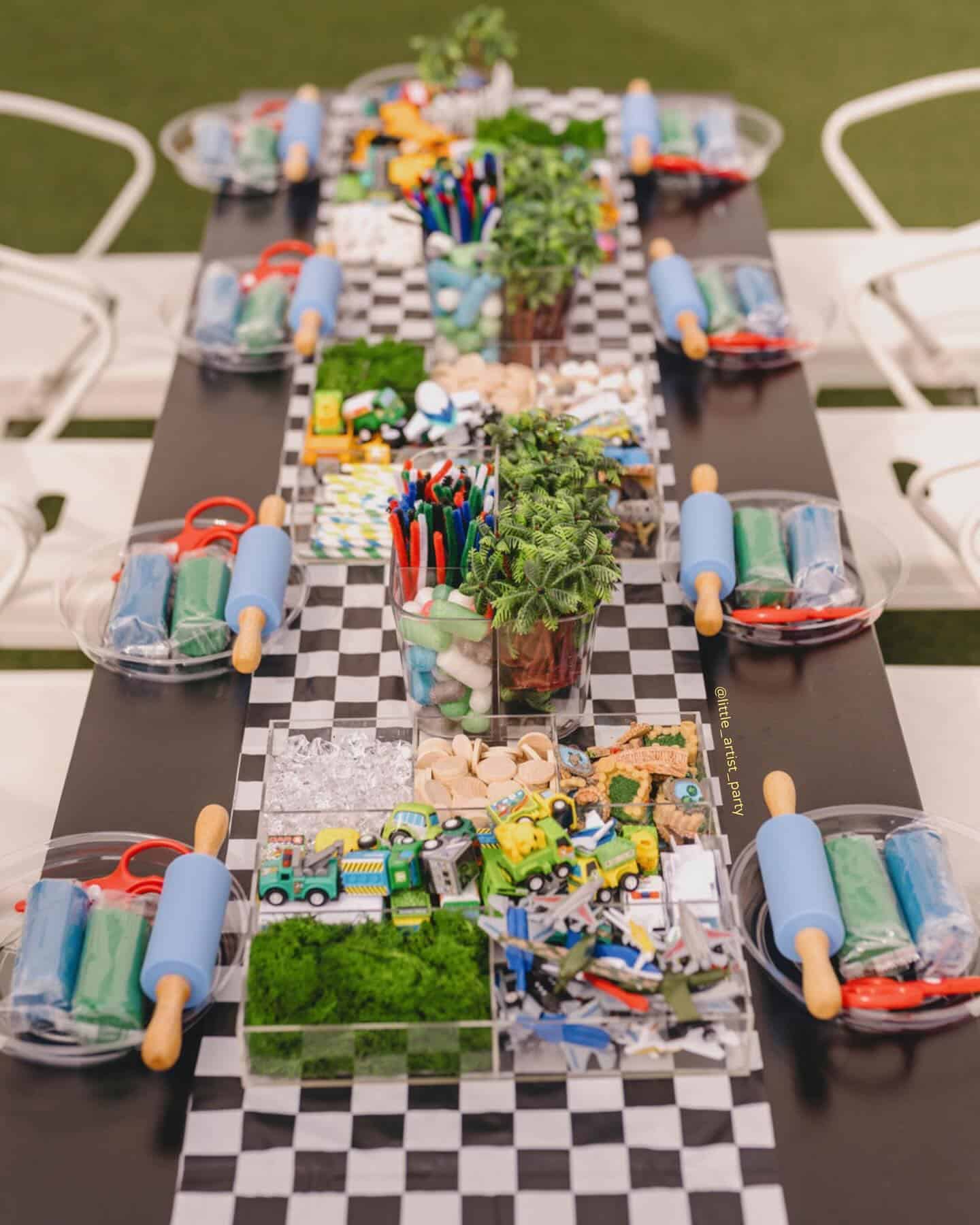 Construction Themed Kids' Table with Checkered Runner and Activity Stations