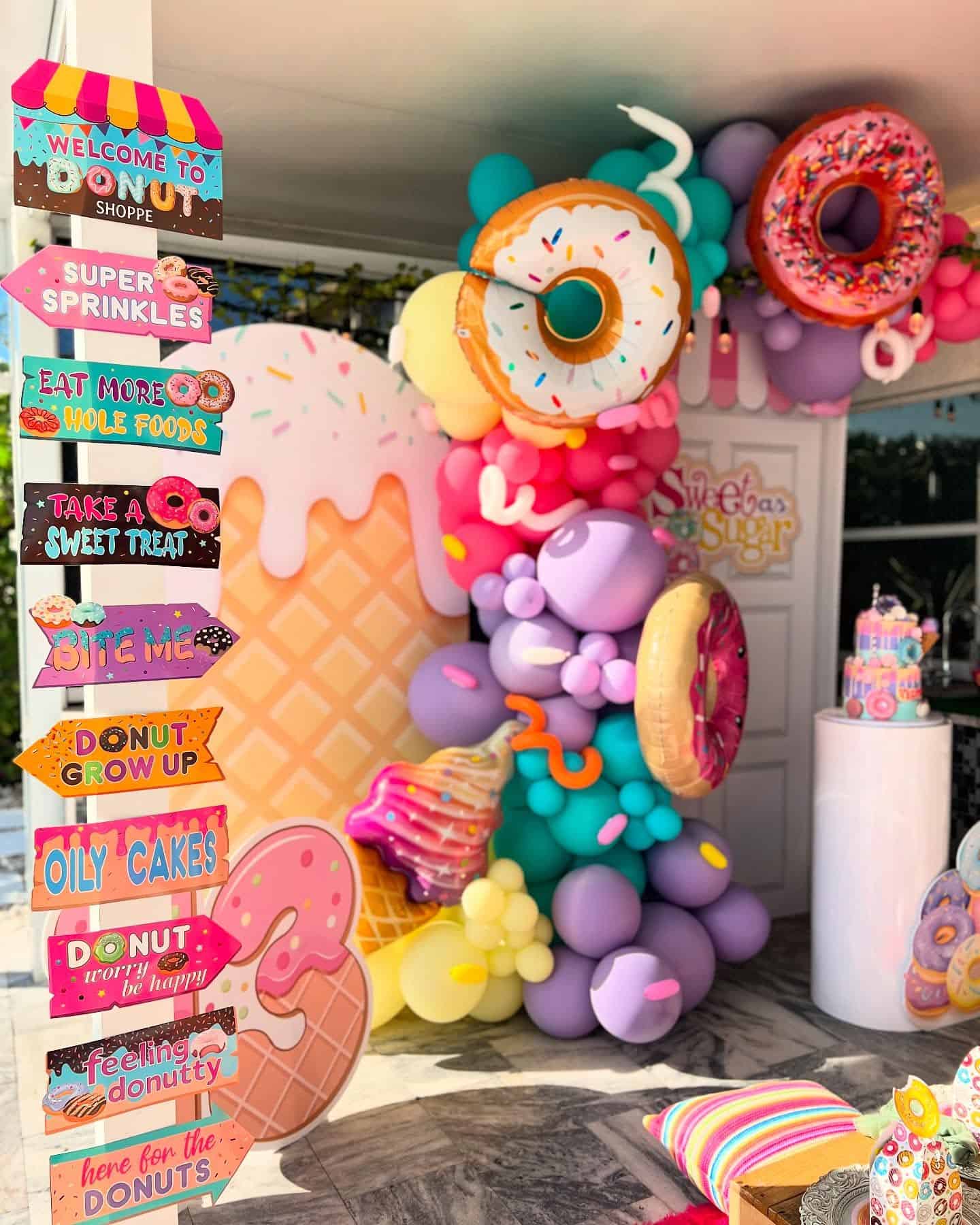 Donut Shop Balloon Arch with Ice Cream Cone and Signs