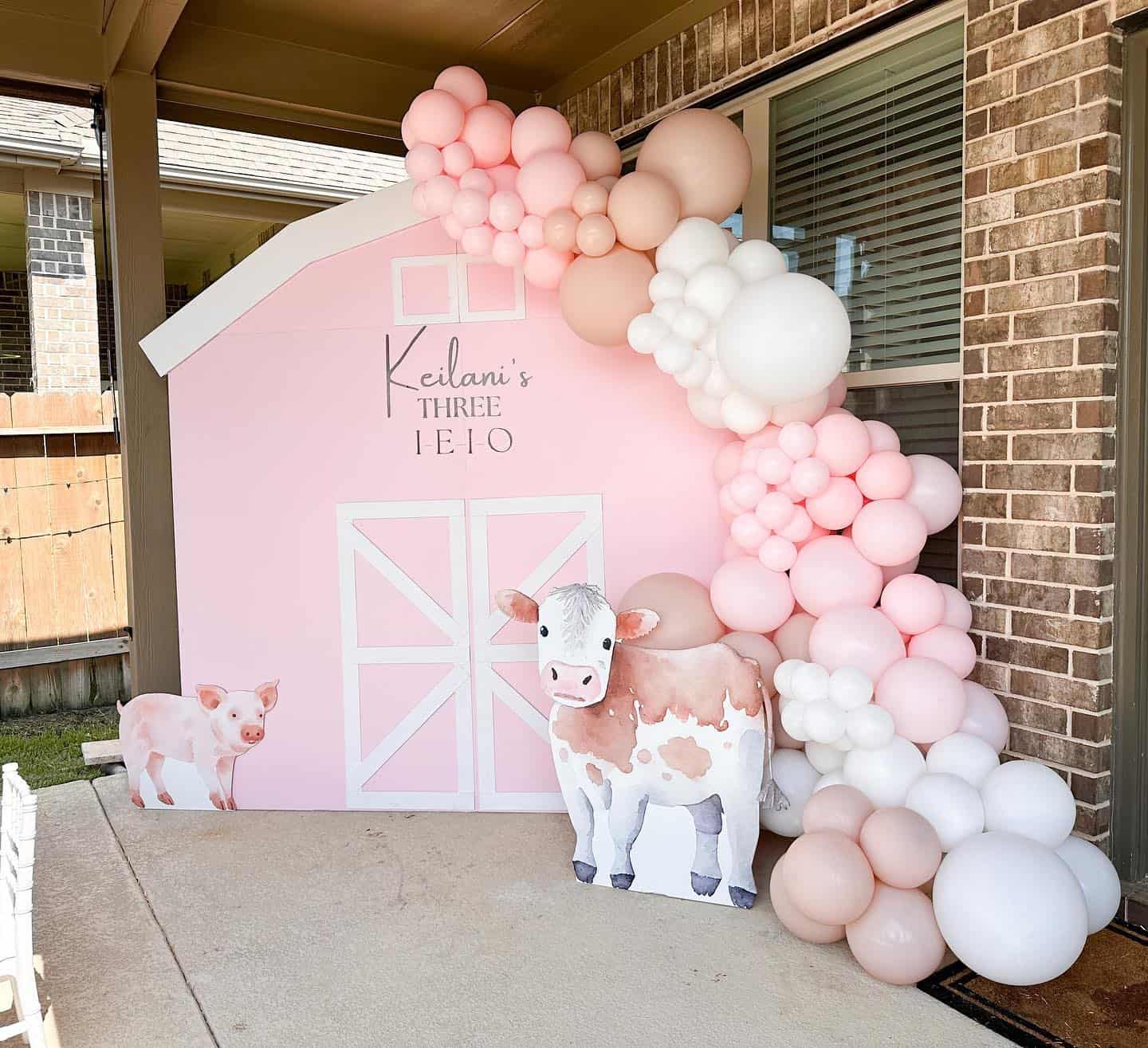 Pink Barn Backdrop with Farm Animal Cutouts and Balloon Garland