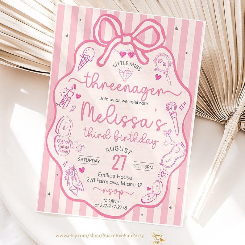 Little Miss Threenager Pink Bow Birthday Invitation