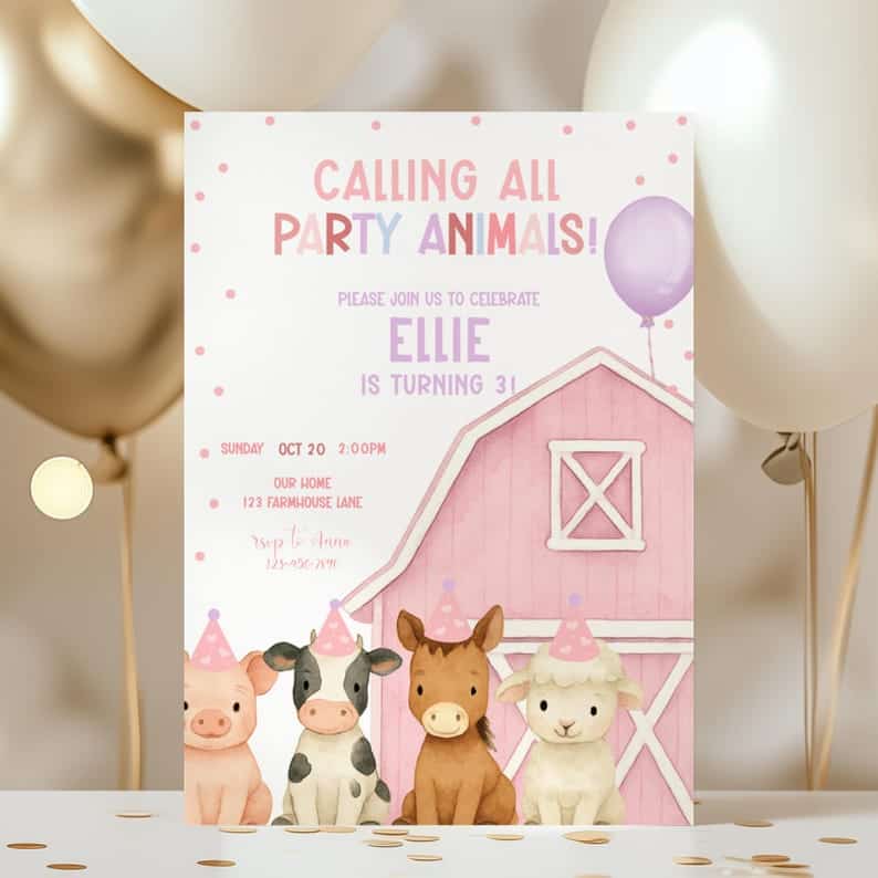 Pink Farm Party Animals Invitation with Watercolor Barn