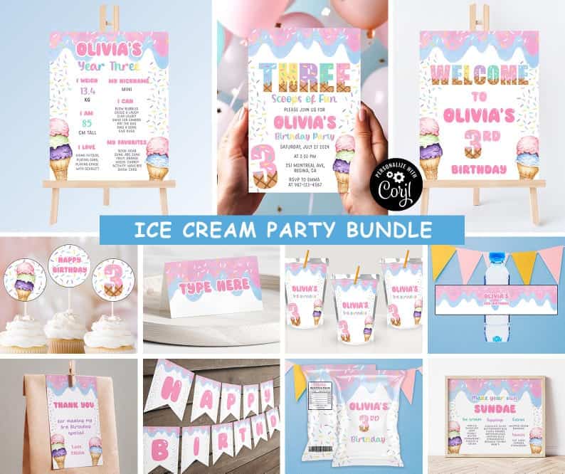 Ice Cream Party Printable Bundle for Third Birthdays