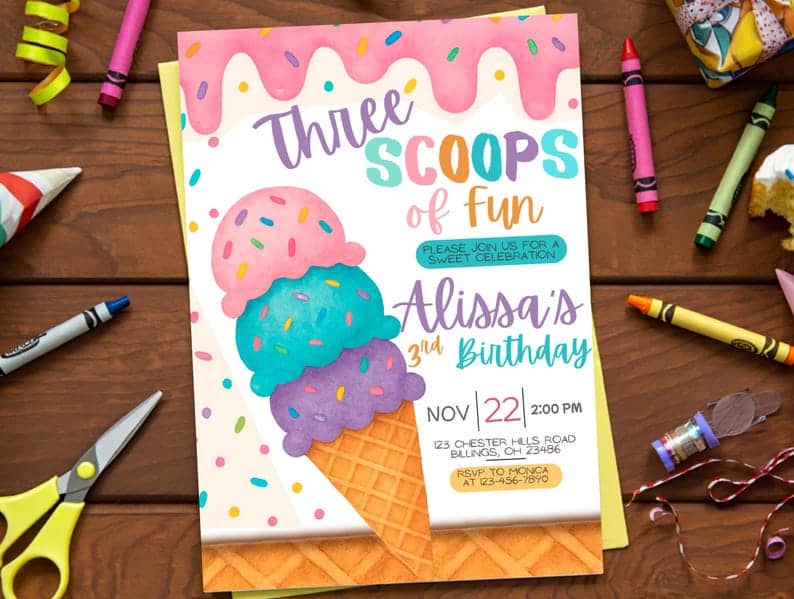 Ice Cream Cone Birthday Party Invitation with Sprinkles