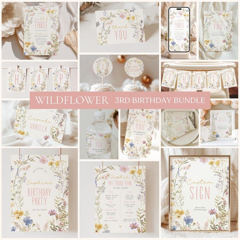 Wildflower Garden 3rd Birthday Party Printable Bundle