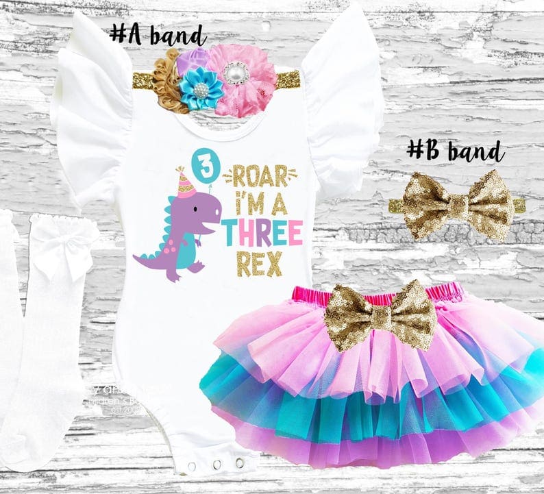 Three Rex Dinosaur Birthday Outfit with Rainbow Tutu