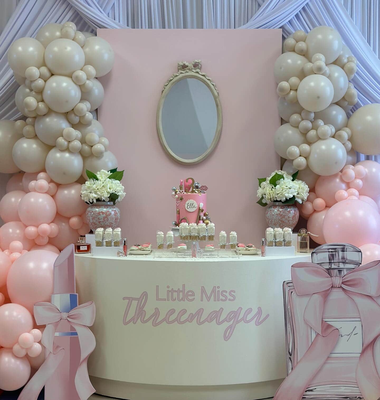Little Miss Threenager Pink and Cream Balloon Garland Setup