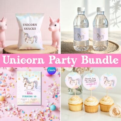 Unicorn Birthday Party Printables Bundle - Editable with Canva