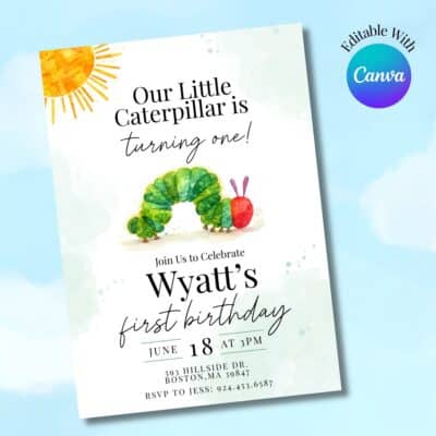 Watercolor One Hungry Caterpillar Birthday Invitation - Canva Template