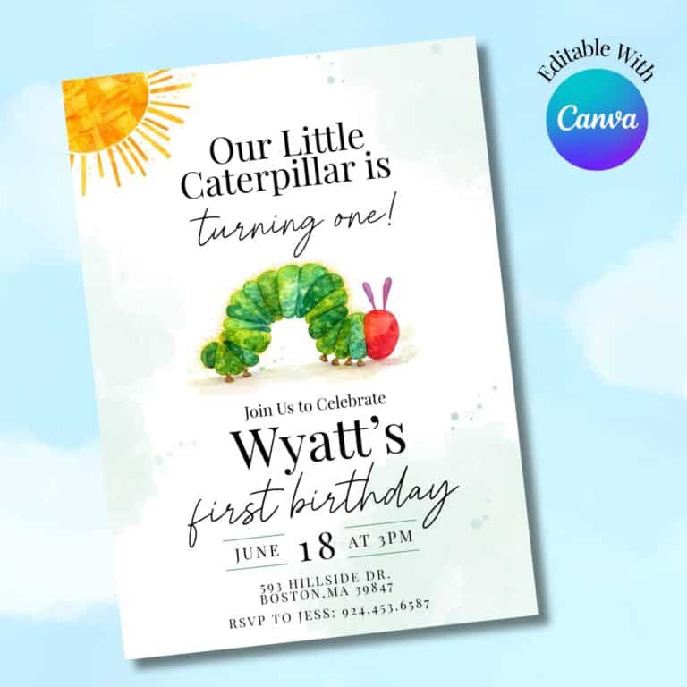 Watercolor One Hungry Caterpillar Birthday Invitation – Canva Template