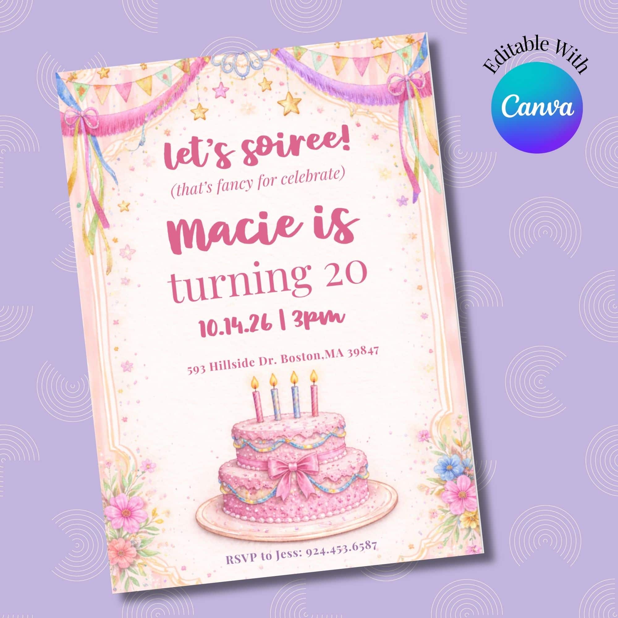 Fancy Nancy Inspired Birthday Invitation - Canva Template