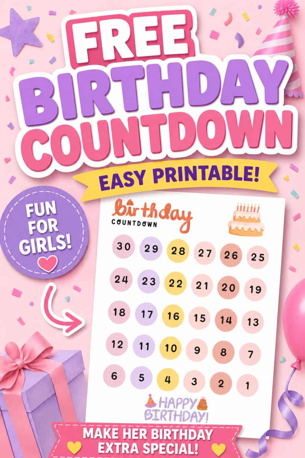 Free Birthday Girl Countdown Printable (30 Day Birthday Countdown for ...