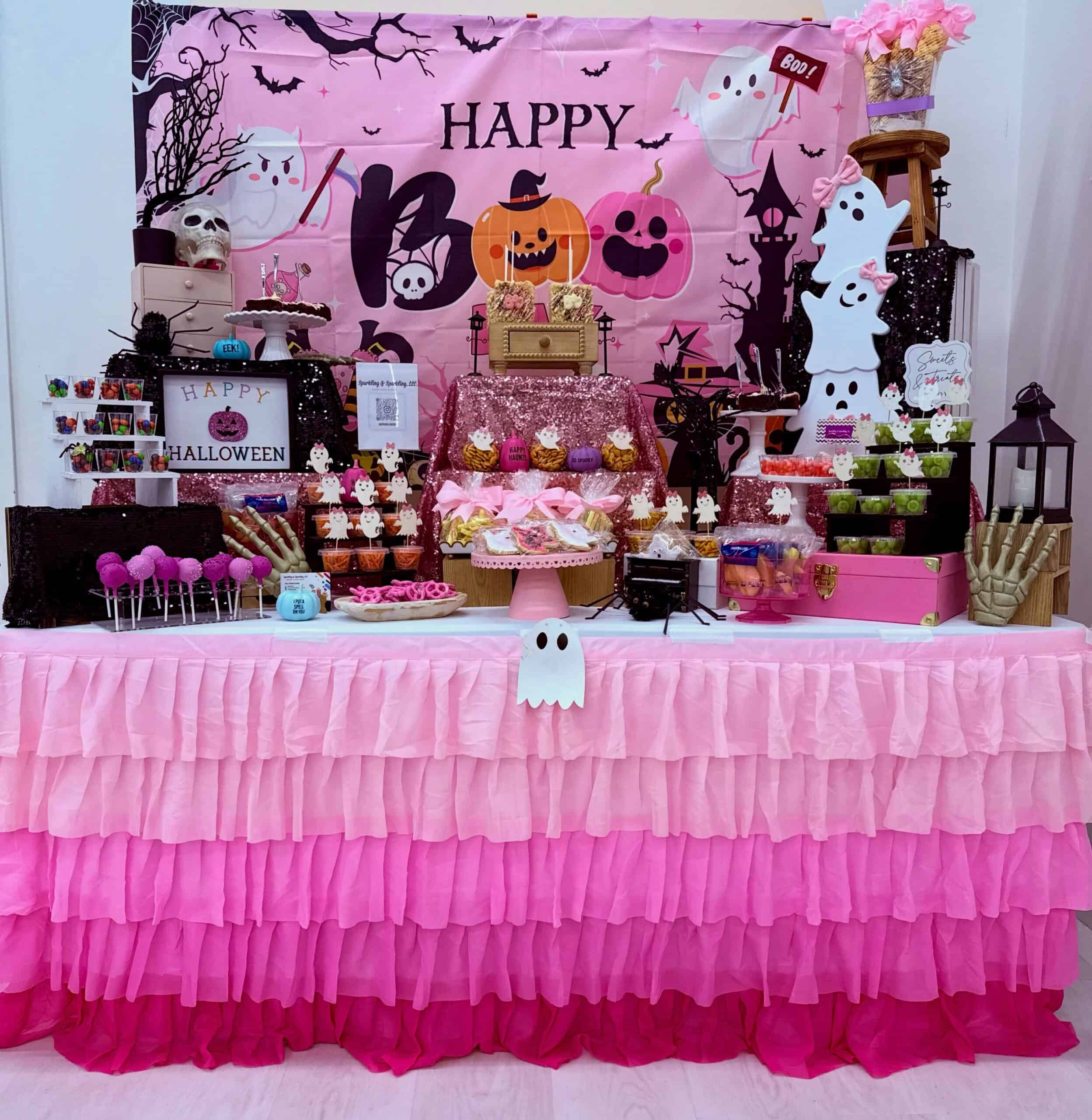 All Pink Girly Halloween Dessert Table Setup