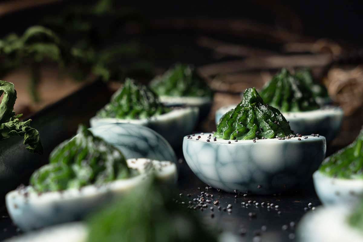 Halloween Deviled Eggs Recipe (Naturally Dyed Spooky Spider Web Swamp Eggs)