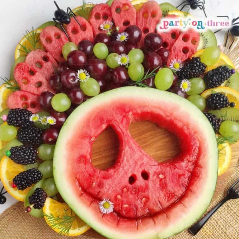 Halloween Fruit Tray with Watermelon Skulls (Easy Halloween Charcuterie Board)