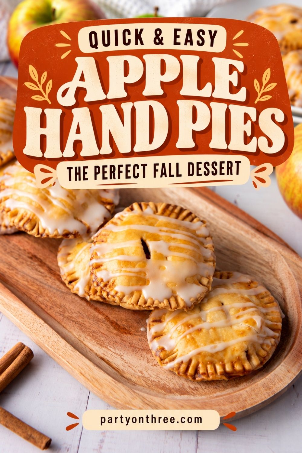 Text overlay reading quick and easy apple hand pies, the perfect fall dessert, over glazed pies