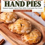 Glazed apple hand pies with text reading easy apple hand pies, baked with premade pie crust