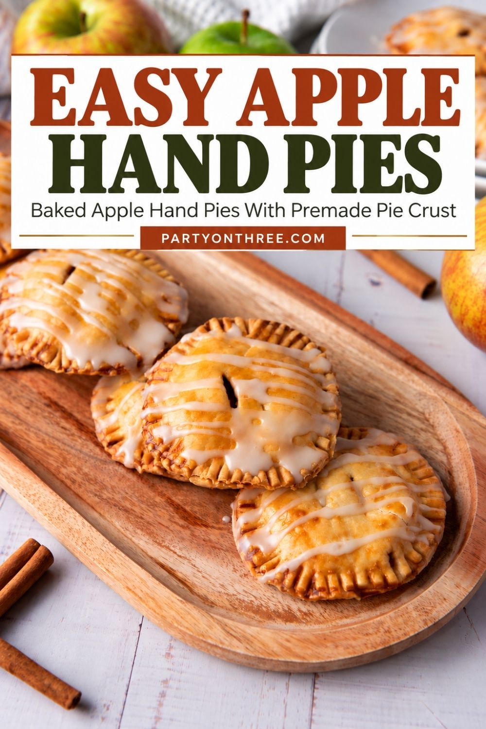 Glazed apple hand pies with text reading easy apple hand pies, baked with premade pie crust