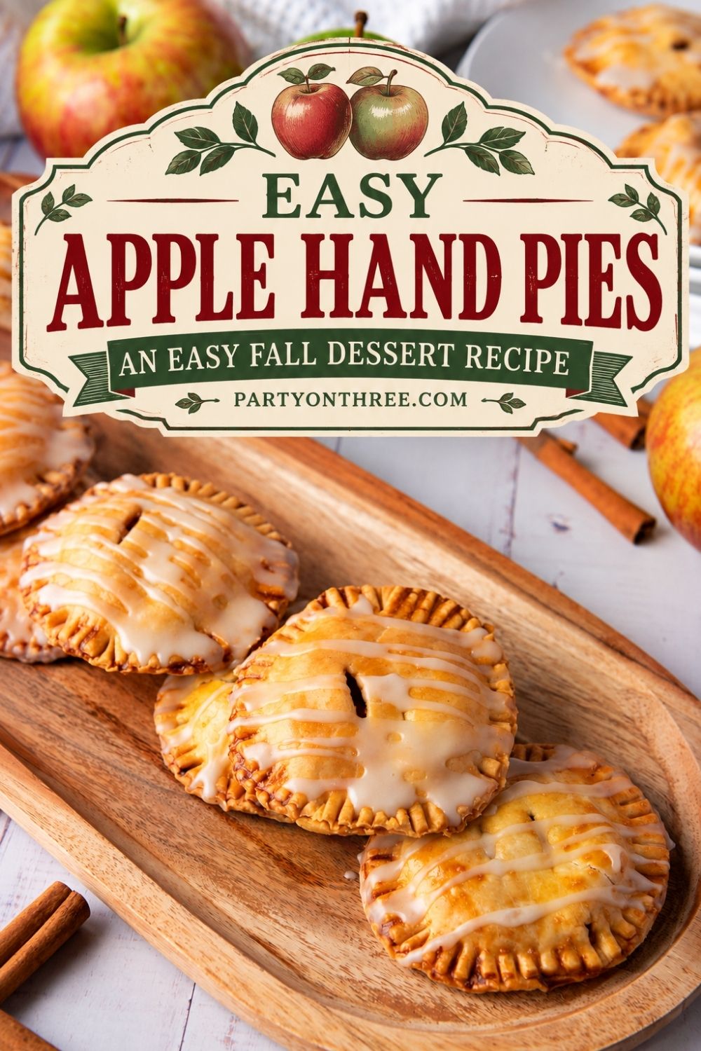 Golden glazed apple hand pies with text reading easy apple hand pies, an easy fall dessert recipe