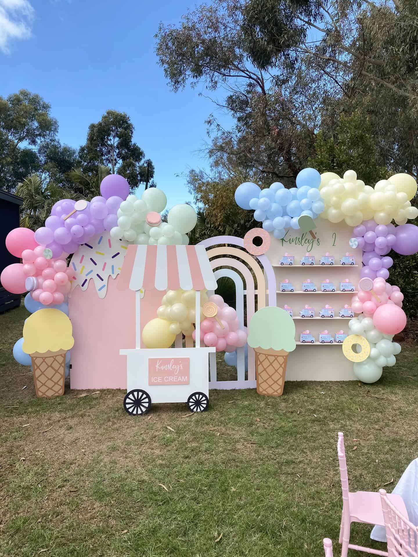 Ice Cream Cart Backdrop With Rainbow Balloon Garlands