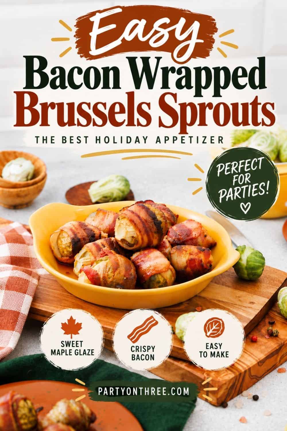 Freshly roasted bacon-wrapped brussels sprouts with crisped edges piled in a yellow dish