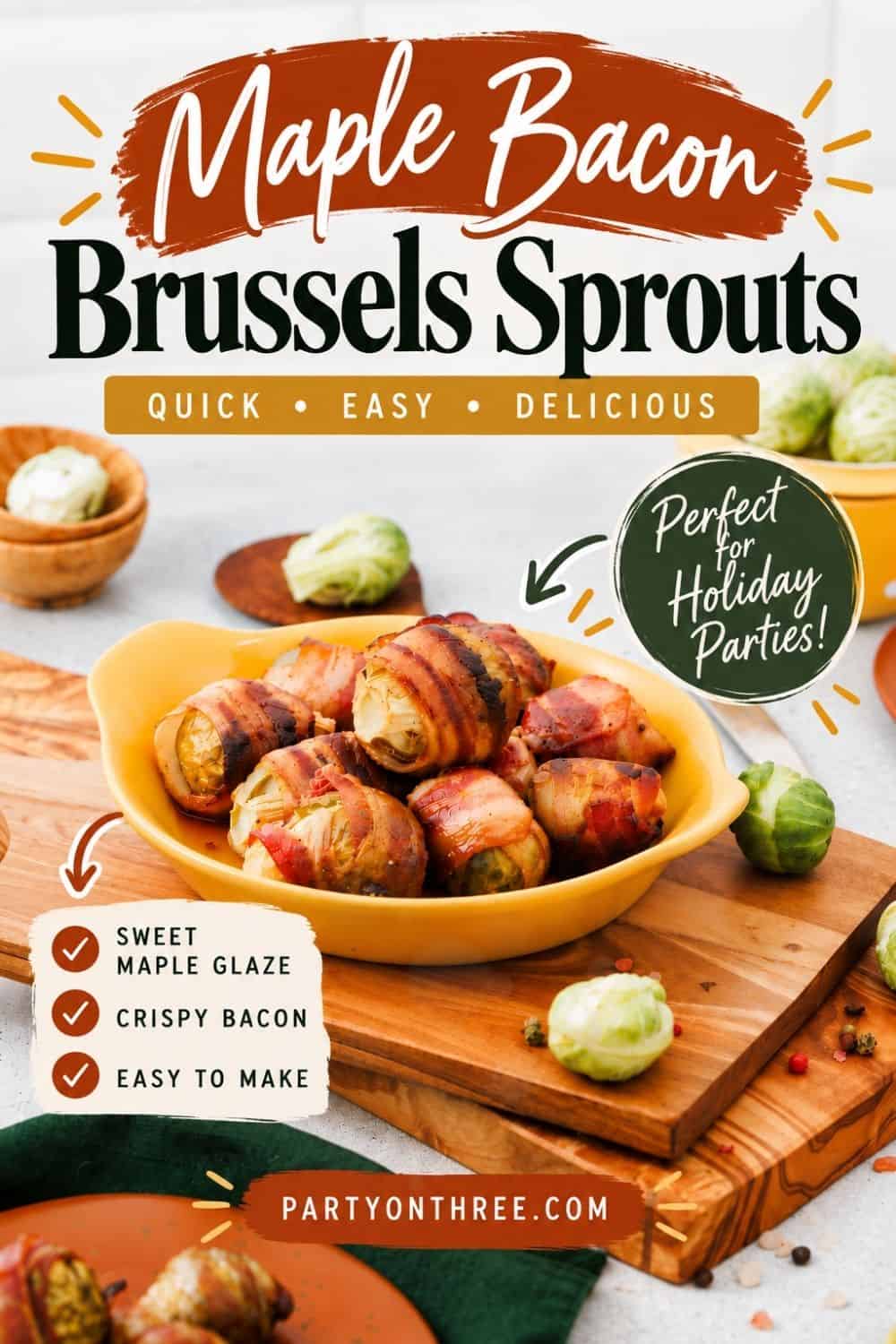 Pinterest graphic highlighting sweet maple glaze and crispy bacon on brussels sprouts