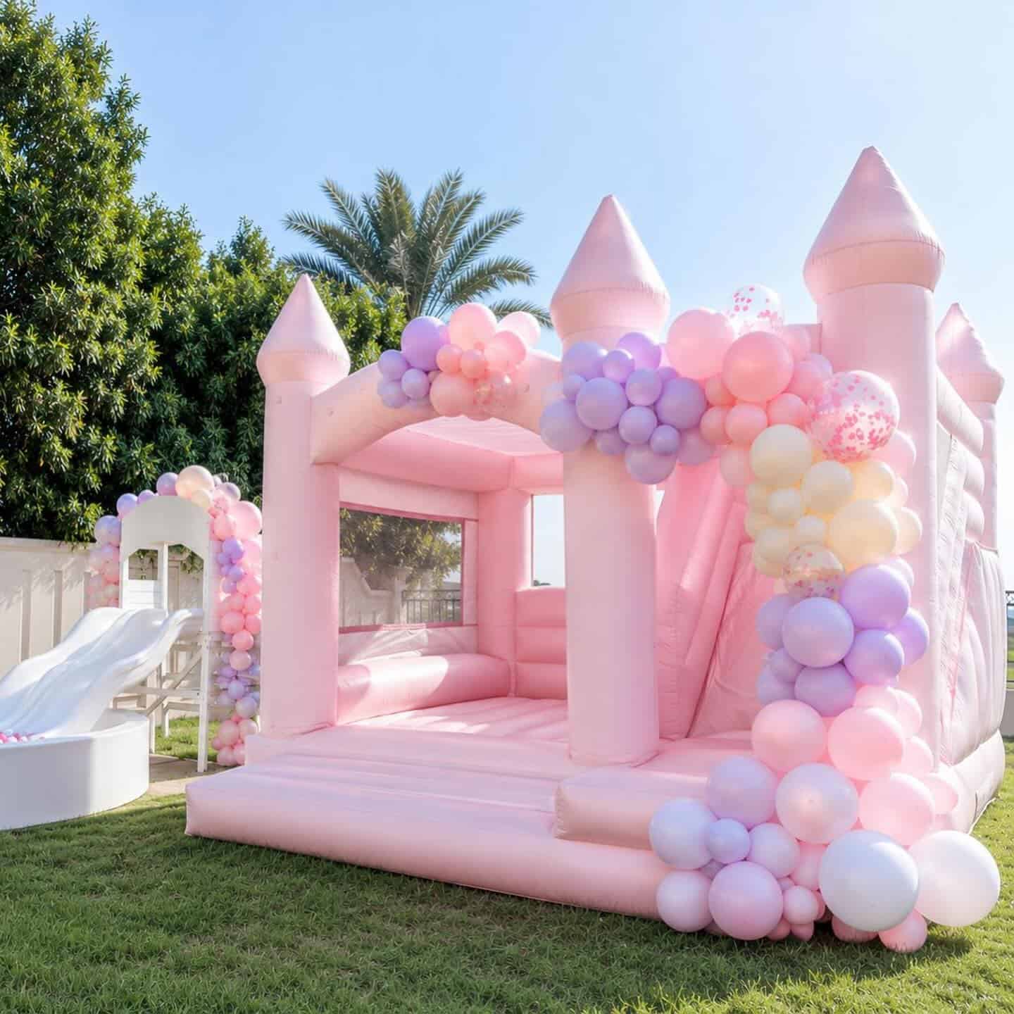 Pastel Pink Princess Castle Bounce House Setup