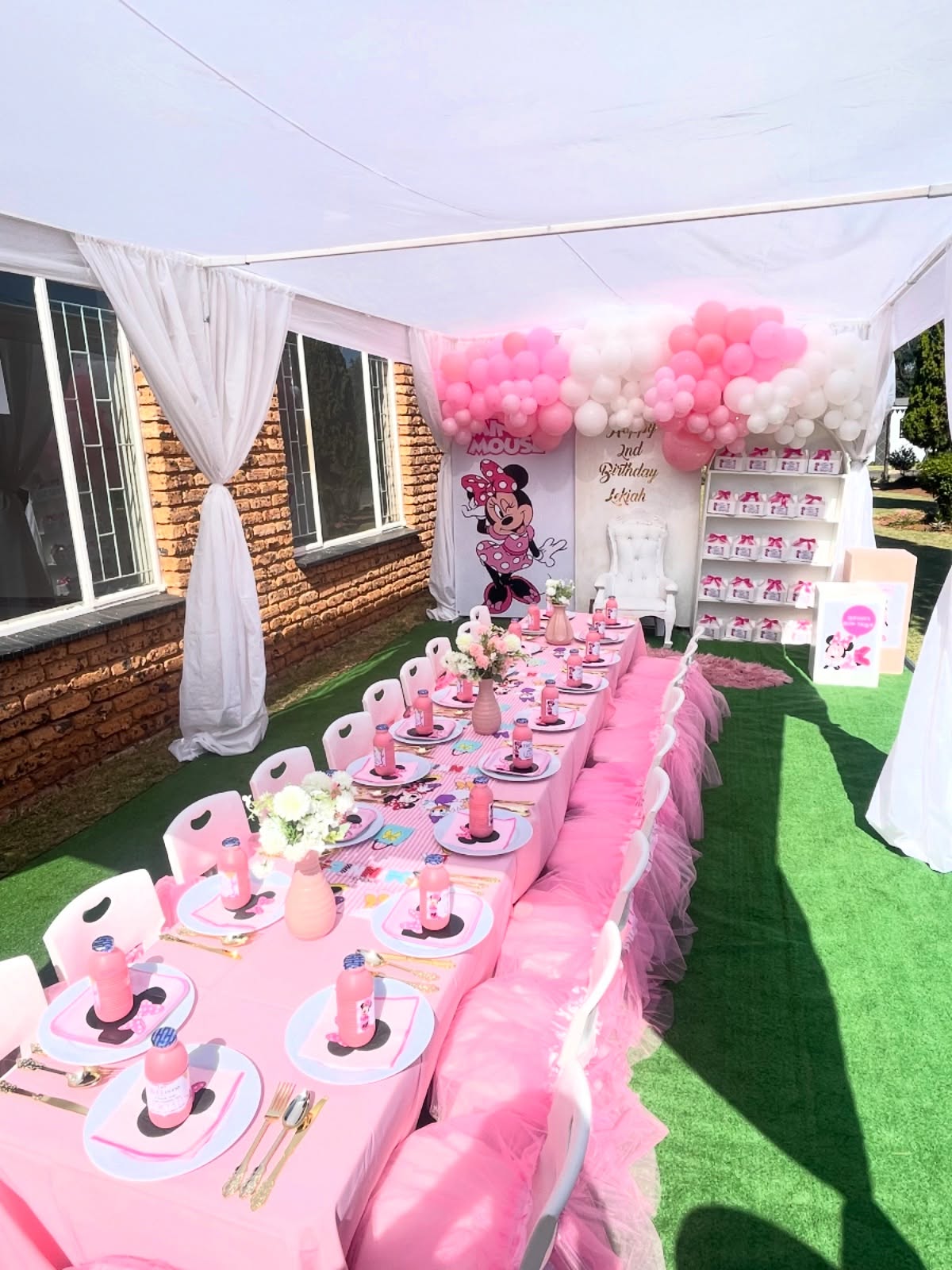 Pink and White Balloon Cloud Over Minnie Backdrop