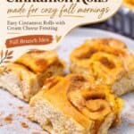 Pumpkin cinnamon rolls with bold text overlay reading easy recipe and frosting