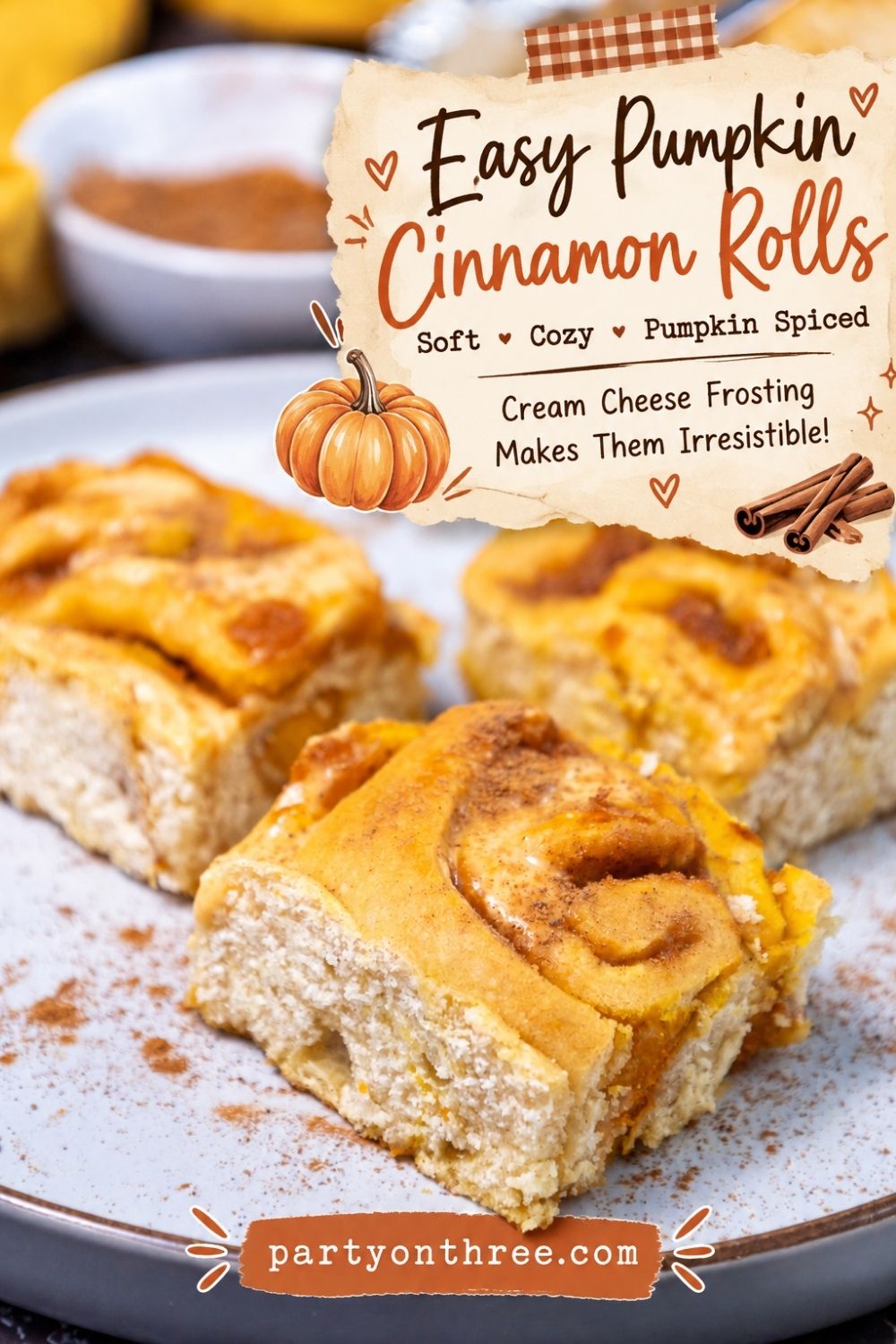Close up of pumpkin cinnamon rolls with cream cheese frosting text banner