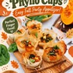 Pumpkin Feta Phyllo Cups with playful fall doodles, perfect finger food text overlay