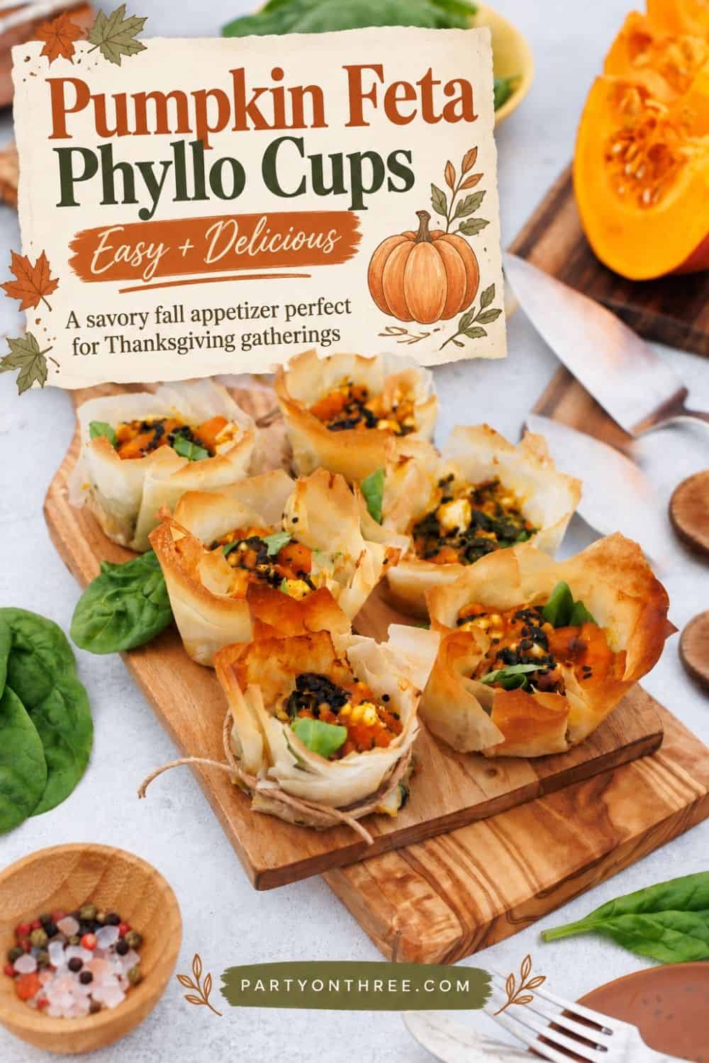 Pumpkin Feta Phyllo Cups with substitutions and variations banner over styled board