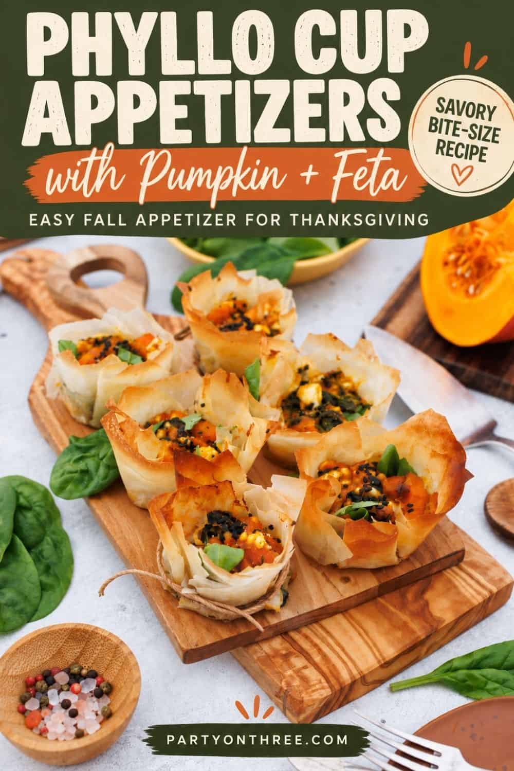 Phyllo Cup Appetizers with Pumpkin and Feta on a board, savory bite-size recipe title overlay