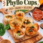 Pumpkin Feta Phyllo Cups platter with tips for success text banner, perfect for Thanksgiving