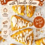 Pumpkin scones with vanilla glaze graphic highlighting real pumpkin flavor and spices