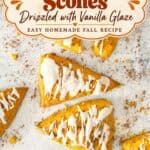Pumpkin scones with vanilla glaze graphic highlighting real pumpkin flavor and warm spices