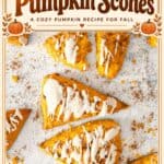Fall-themed graphic for easy glazed pumpkin scones recipe with pumpkin and leaf illustrations