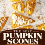 Pinterest graphic for the best pumpkin scones recipe with vanilla glaze on a speckled countertop